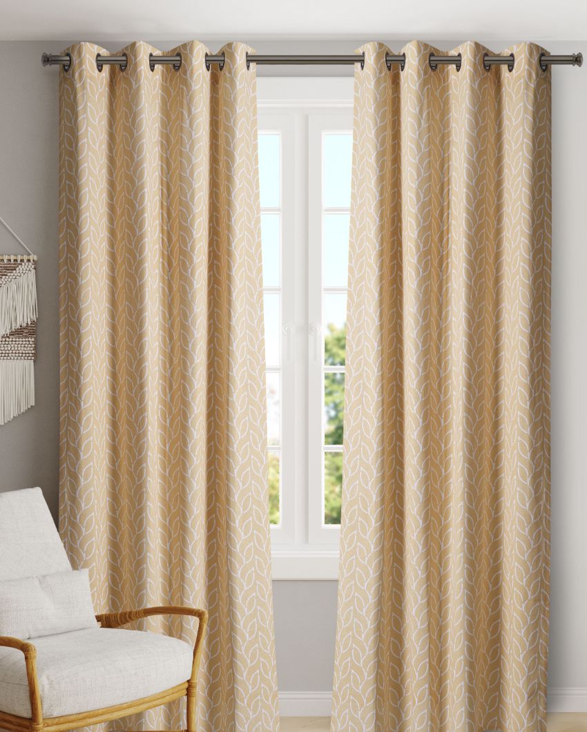 Branchlet Yellow Polyester Cotton Printed Door Curtain | Set of 2 | 7 x 4 Feet