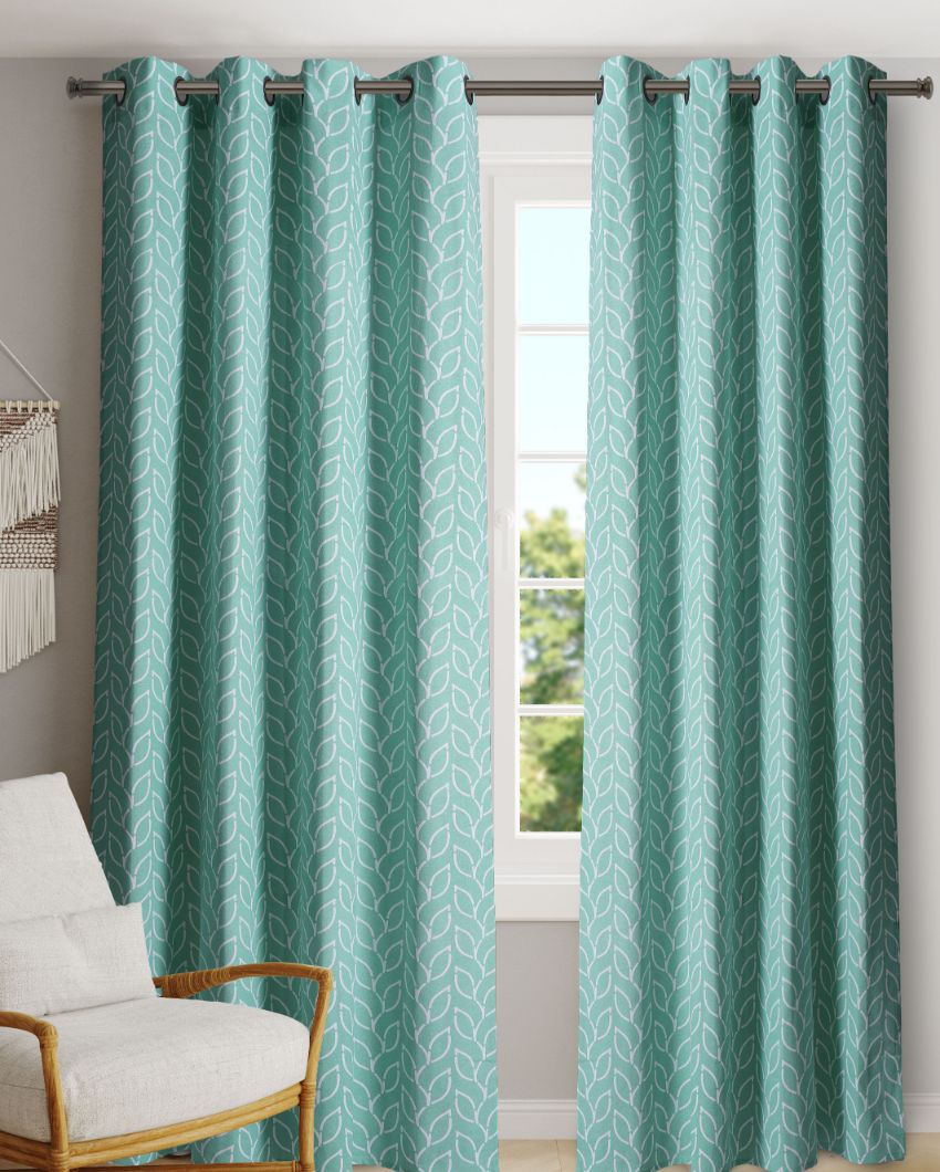 Branchlet Aqua Polyester Cotton Printed Door Curtain | Set of 2 | 7 x 4 Feet