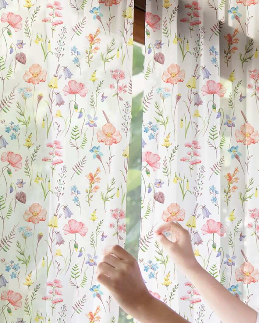 Floral Garden Digitally Printed Polyester Sheer Curtains | Set Of 2 | 7 x 4.4 ft