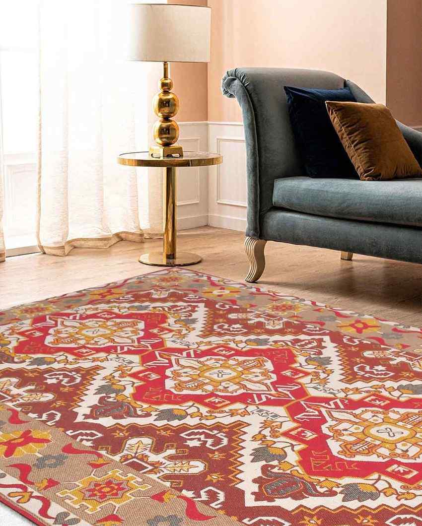 Udaipur Rusty Red Printed Cotton Carpet | 67 x 47 inches