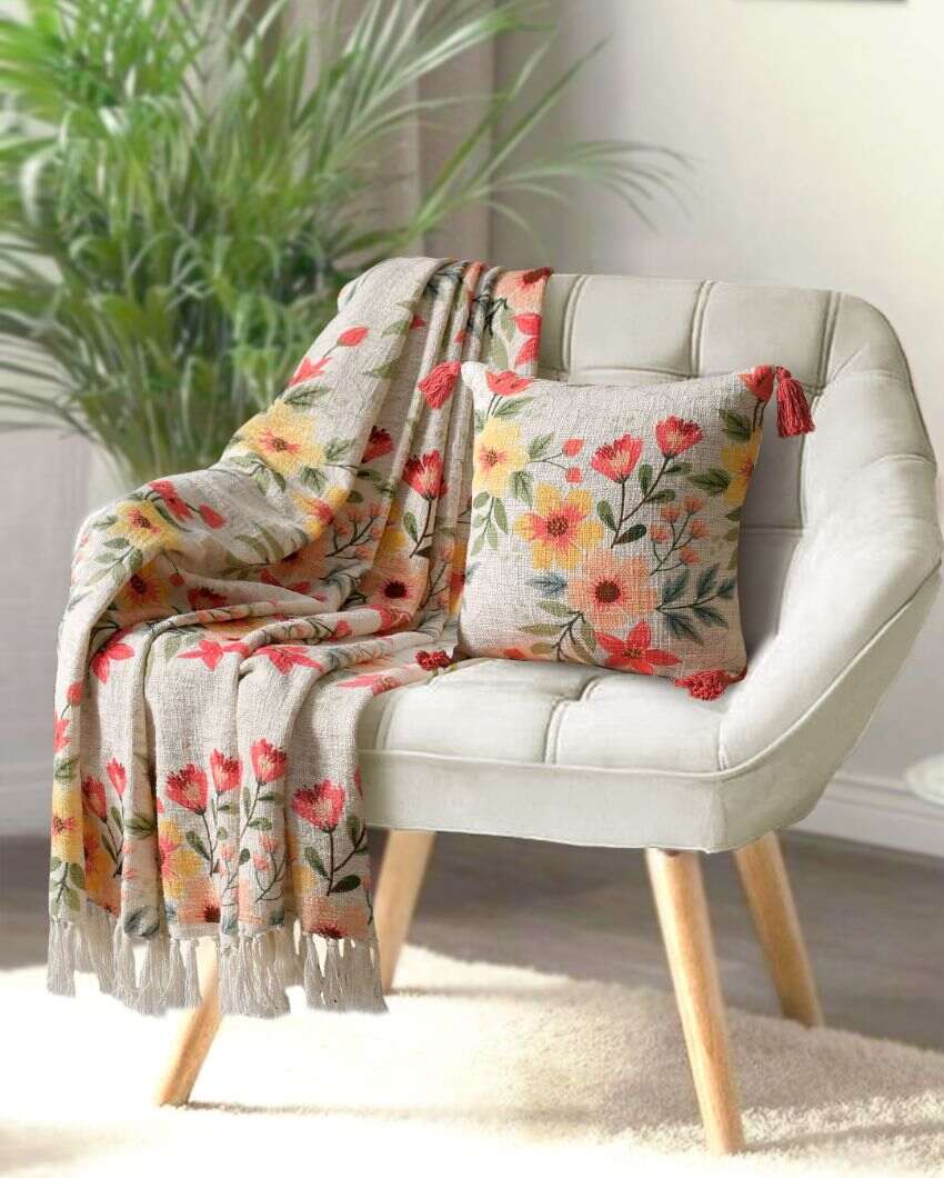 Blossom Cotton Printed Throw With Cushion Cover