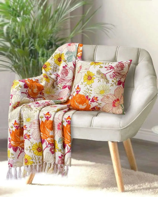 Floral Garden Cotton Printed Throw With Cushion Cover