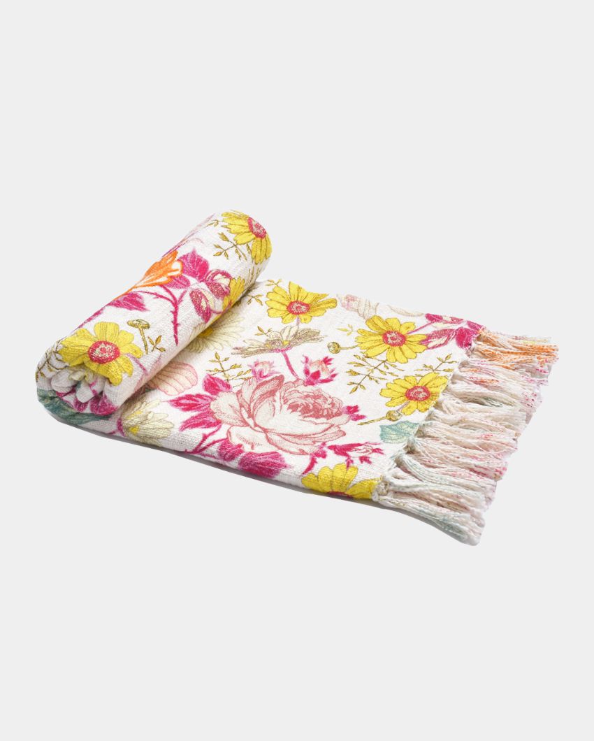 Floral Garden Cotton Printed Throw With Cushion Cover