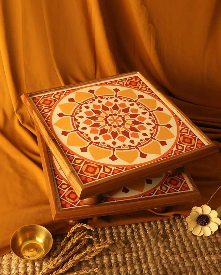 Yellow Sunshine Wooden  Mandala Chowki | Patla | Single | 14 x 14 x 0.5 inches , 16  x 16 x 5.5 inches