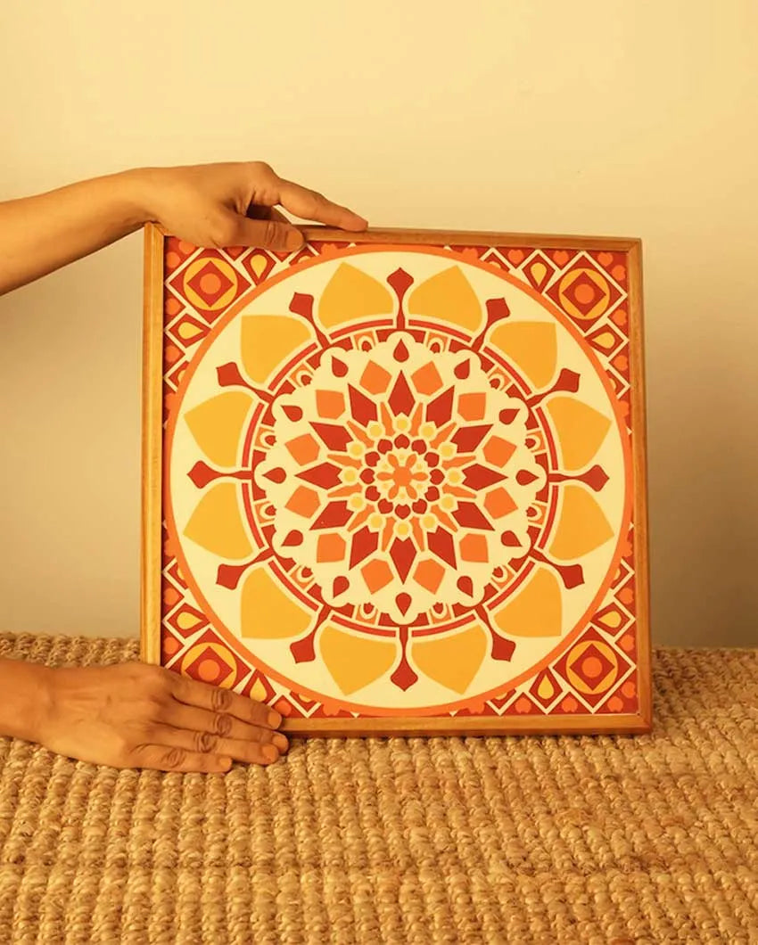 Yellow Sunshine Wooden  Mandala Chowki | Patla | Single | 14 x 14 x 0.5 inches , 16  x 16 x 5.5 inches