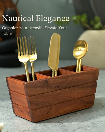 Brown Boat Wooden Cutlery Holder | 10 x 3 x 4 inches