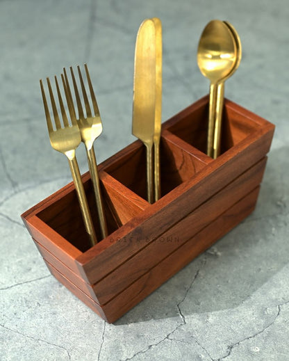 Brown Boat Wooden Cutlery Holder | 10 x 3 x 4 inches