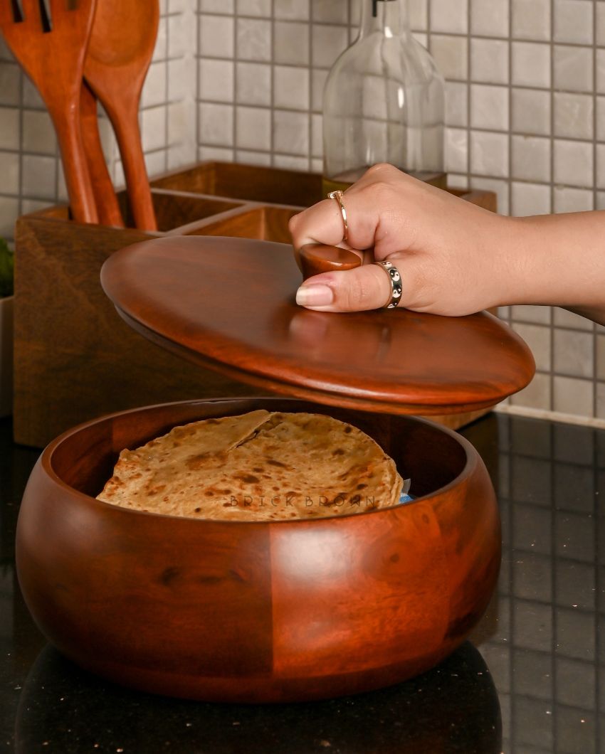 Brown Wooden Roti Box | 1.6 L | 9 x 9 x 4 inches