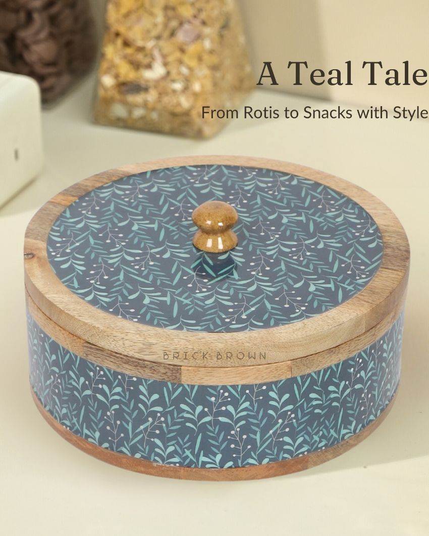 Teal Whispers Wooden Curl Roti Box | 2 L | 9 x 9 x 5 inches