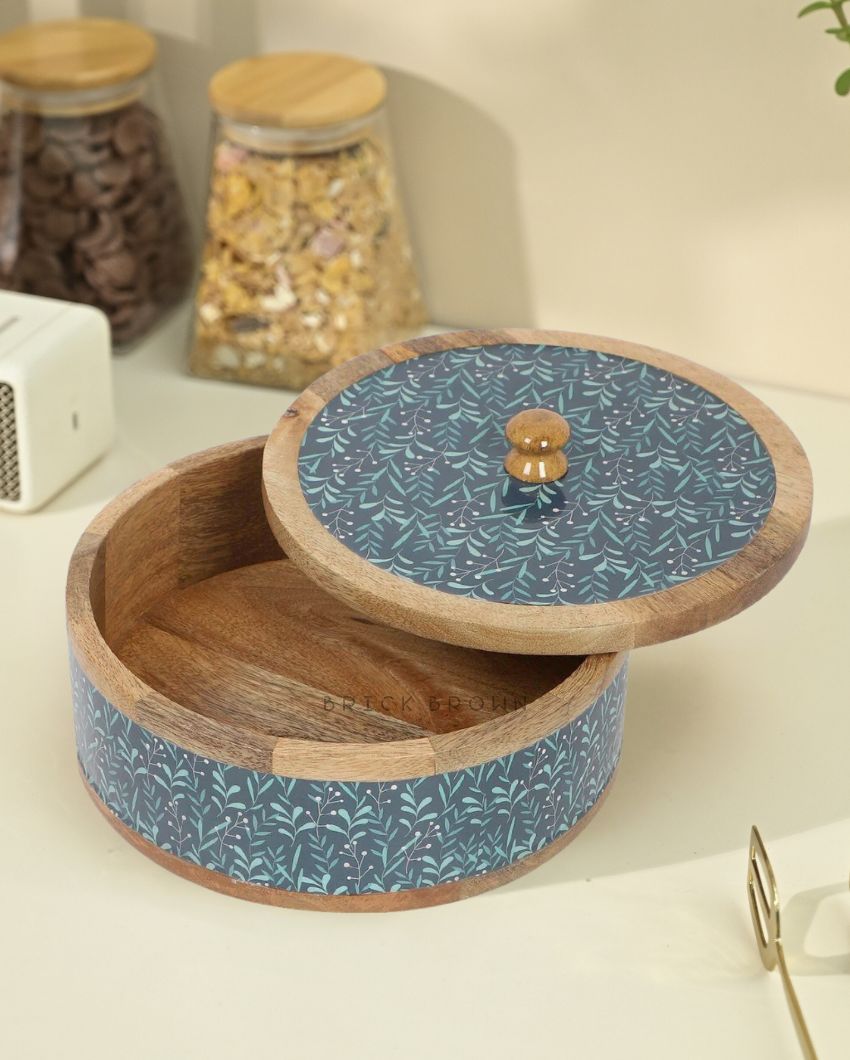 Teal Whispers Wooden Curl Roti Box | 2 L | 9 x 9 x 5 inches