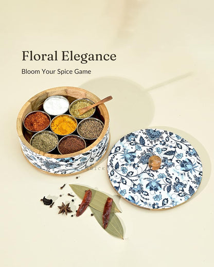 Floral Wooden Masala Box | 700 ML | 8 x 8 x 4 inches