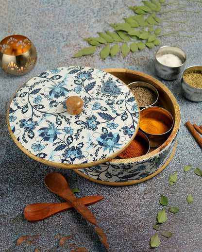 Floral Wooden Masala Box | 700 ML | 8 x 8 x 4 inches