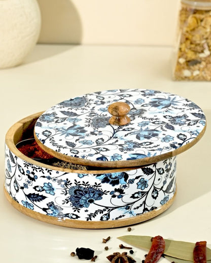 Floral Wooden Masala Box | 700 ML | 8 x 8 x 4 inches