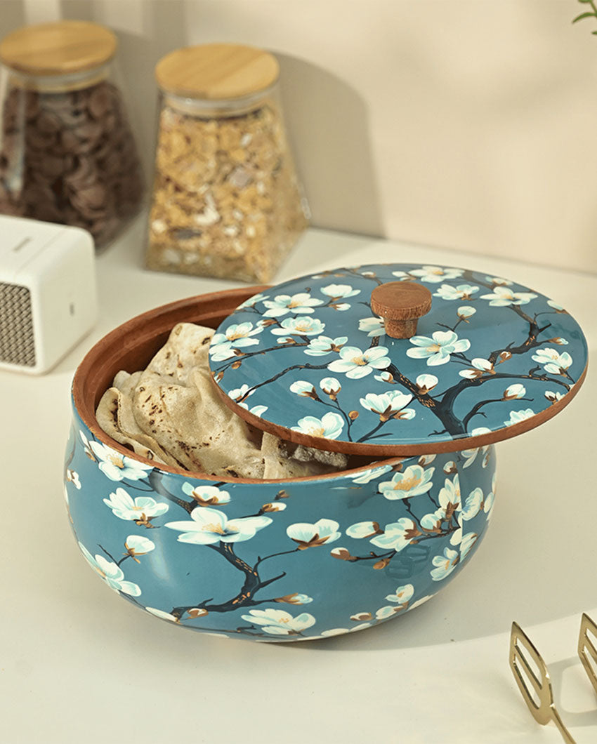 Wooden Almond Blossoms Roti Box | 8.5 x 8.5 x 5.5 inches