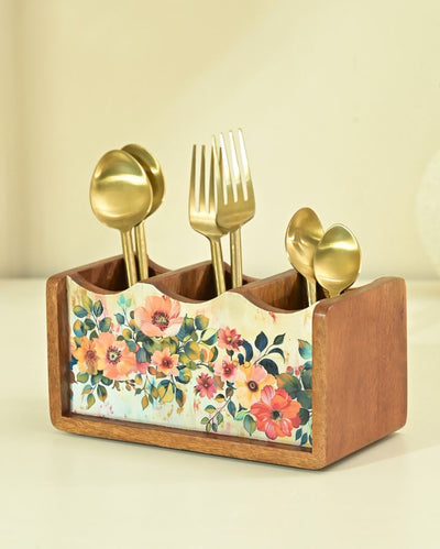 Pastel Flora Wooden Cutlery Holder | 8.2 x 4.2 x 4 inches