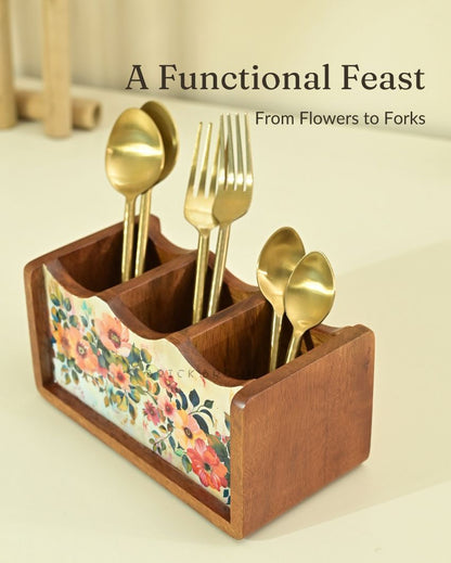 Pastel Flora Wooden Cutlery Holder | 8.2 x 4.2 x 4 inches