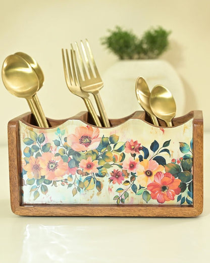 Pastel Flora Wooden Cutlery Holder | 8.2 x 4.2 x 4 inches