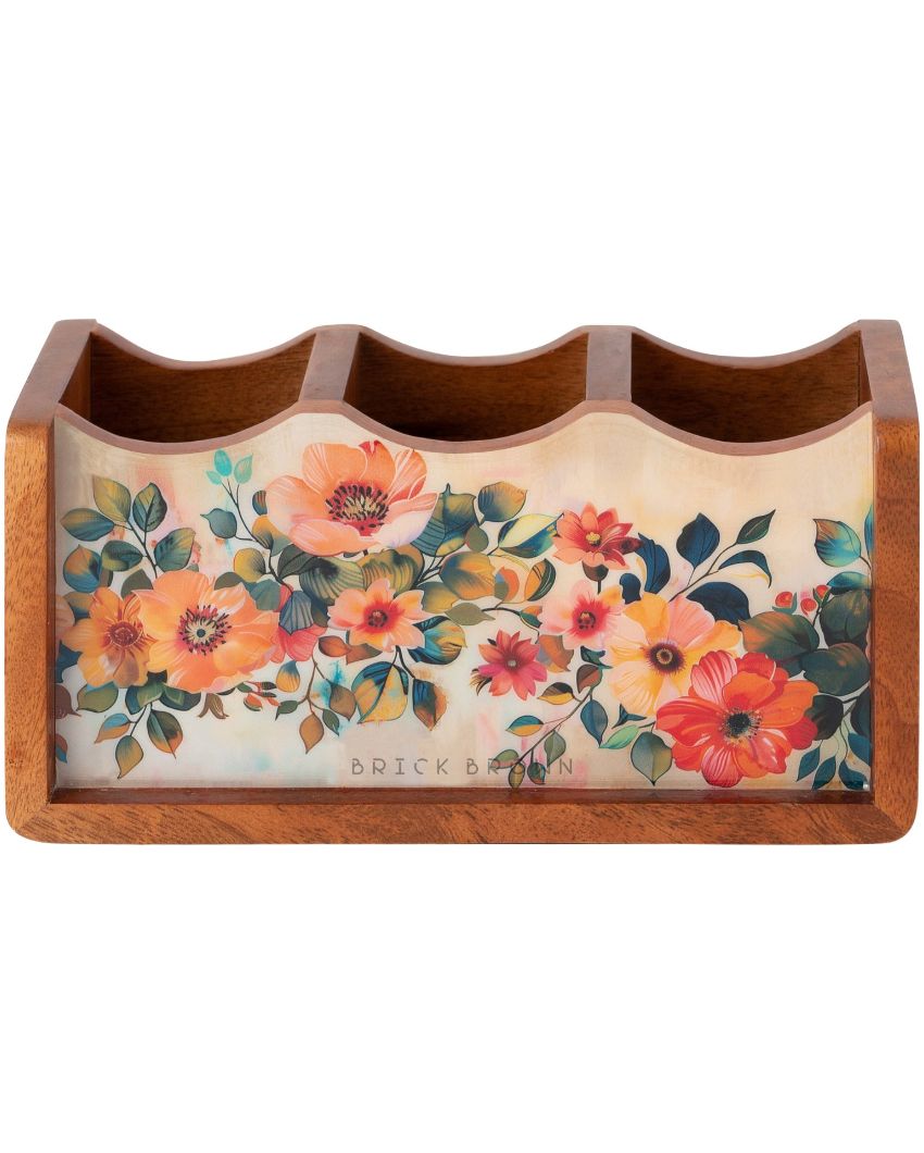 Pastel Flora Wooden Cutlery Holder | 8.2 x 4.2 x 4 inches