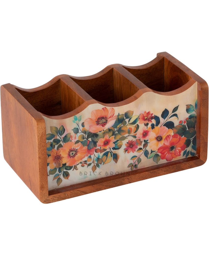 Pastel Flora Wooden Cutlery Holder | 8.2 x 4.2 x 4 inches