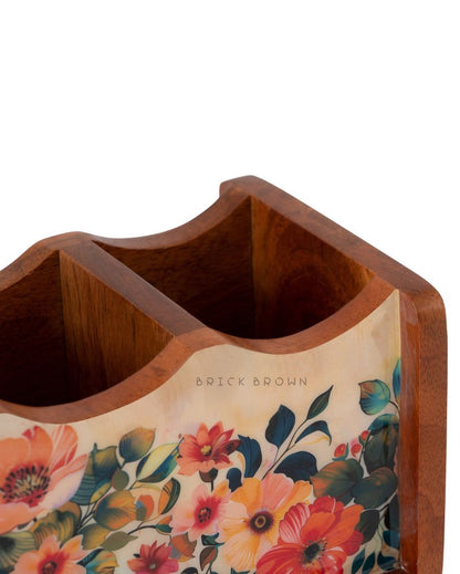 Pastel Flora Wooden Cutlery Holder | 8.2 x 4.2 x 4 inches