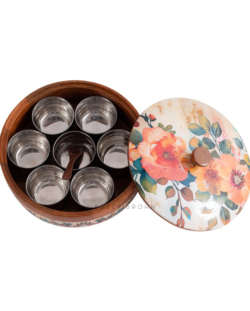 Pastel Flora Wooden Masala Box | 8.3 x 4.2 inches