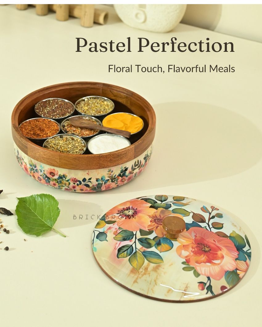 Pastel Flora Wooden Masala Box | 8.3 x 4.2 inches