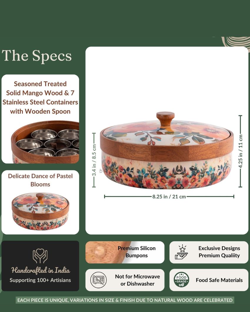 Pastel Flora Wooden Masala Box | 8.3 x 4.2 inches