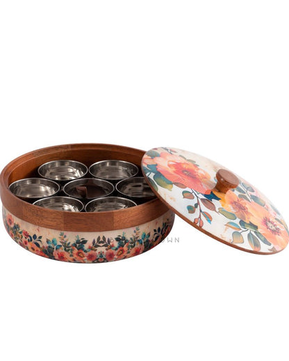 Pastel Flora Wooden Masala Box | 8.3 x 4.2 inches