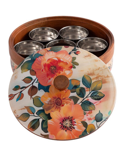 Pastel Flora Wooden Masala Box | 8.3 x 4.2 inches