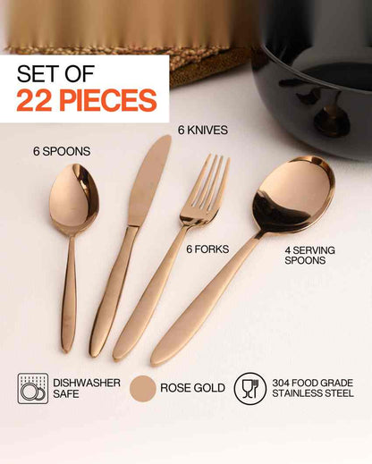 Luxury Stainless Steel Rose Gold Finish Cutlery | Set of 22