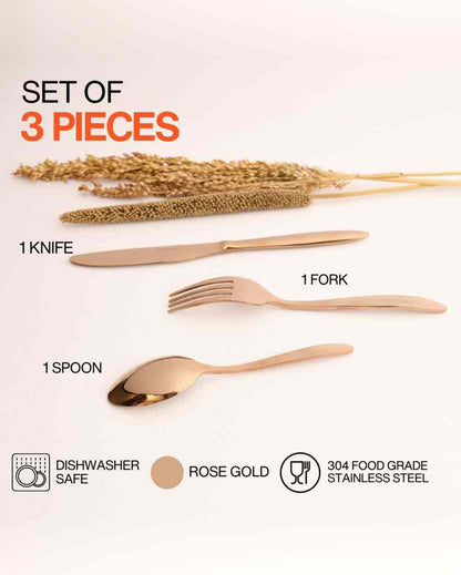 Chic Stainless Steel Rose Gold Finish Spoon Fork Knife | Set of 3