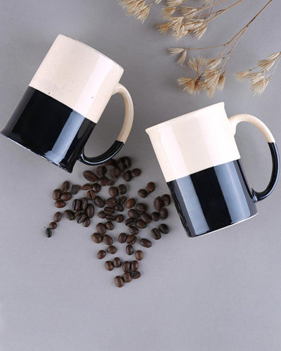 Classic Black & White Ceramic Tall Coffee Mugs | Set of 2 | 4 x 4 inches | 300ml