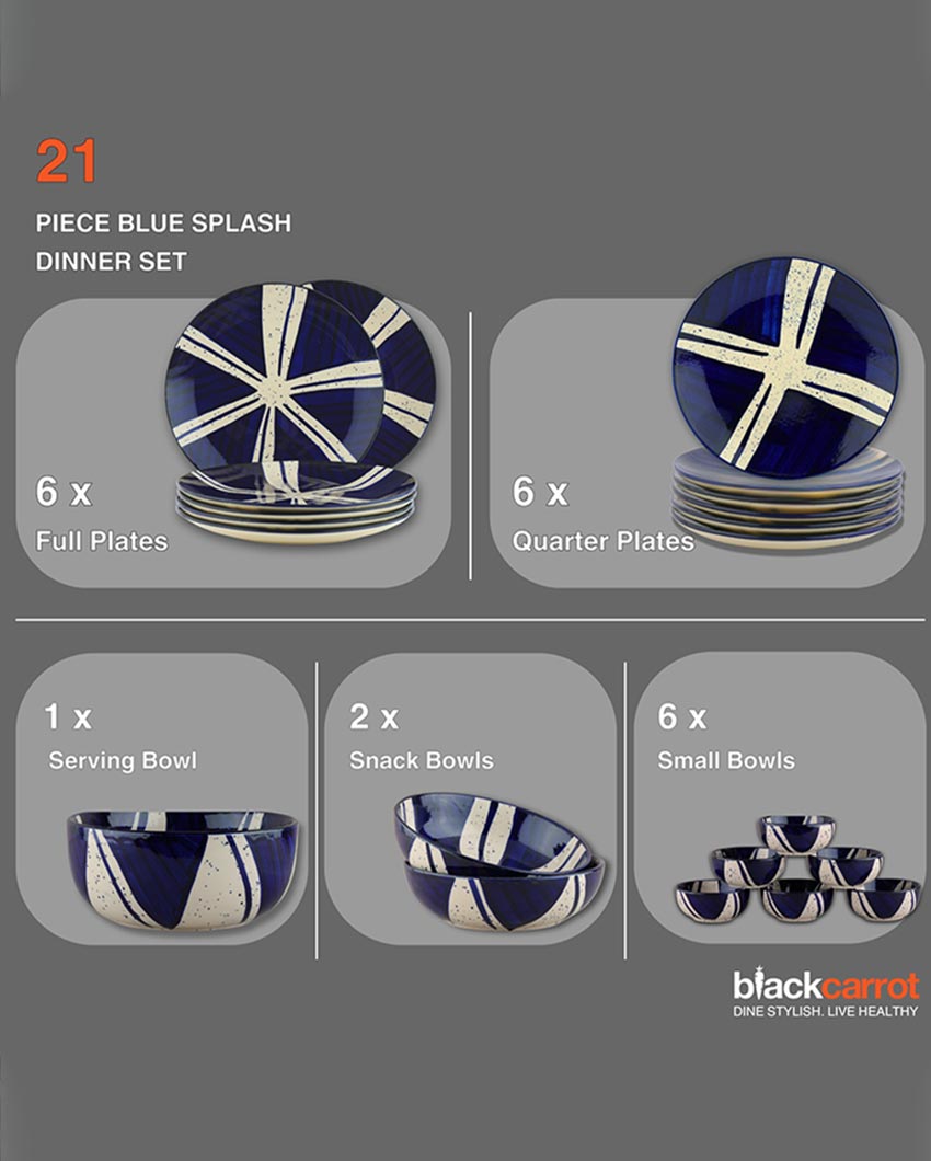 Blue Themed Splash Accent Stoneware Dinner Set | Pack of 21