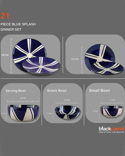 Blue Themed Splash Accent Stoneware Dinner Set | Pack of 21