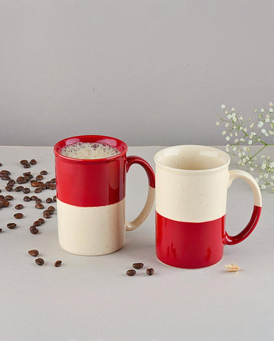 Sleek Red & White Ceramic Tall Coffee Mugs | Set of 2 | 4 x 4 inches | 300ml