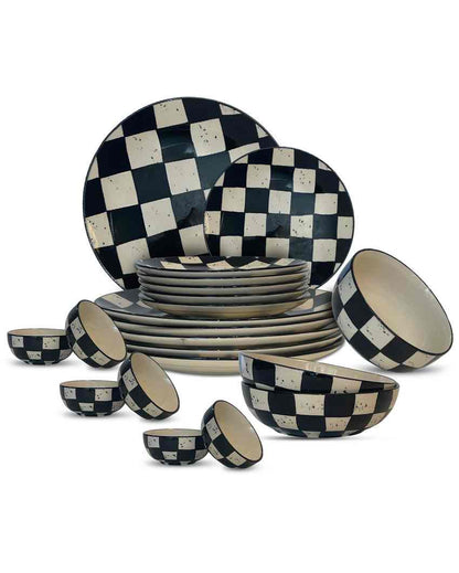 Classic Black Check Ceramic Stoneware Dinner Combo | Set of 21