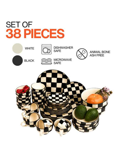 Timeless Black Check Ceramic Stoneware Dinner Combo | Set of 42