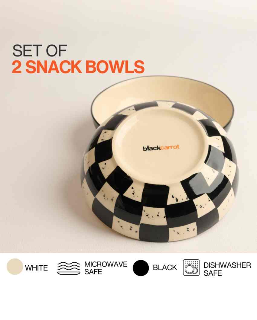 Charming Black Check Ceramic Stoneware Snack Bowl | Set of 2 | 750 ML | 7 inches