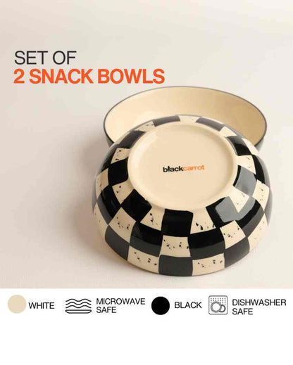 Charming Black Check Ceramic Stoneware Snack Bowl | Set of 2 | 750 ML | 7 inches