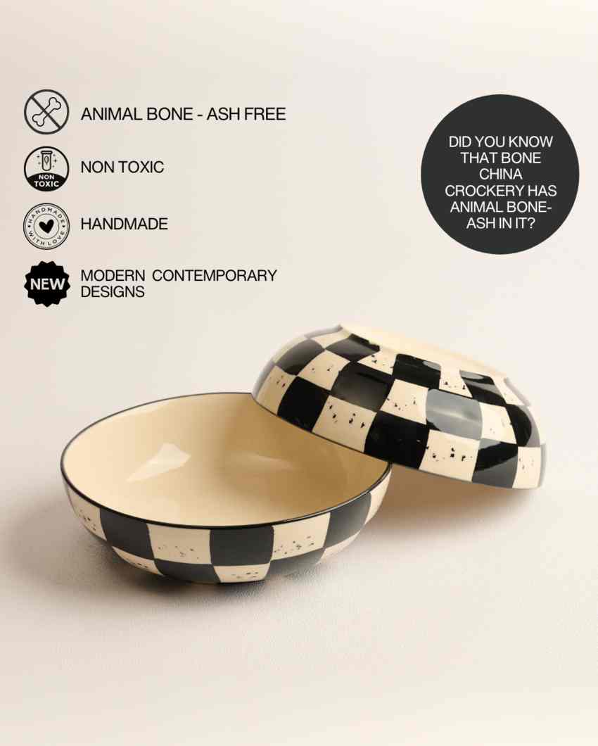 Charming Black Check Ceramic Stoneware Snack Bowl | Set of 2 | 750 ML | 7 inches