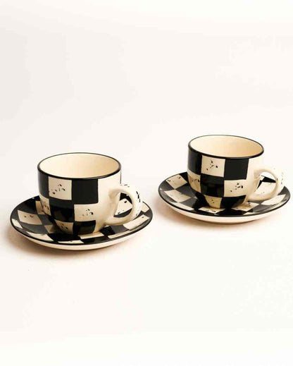 Stylish Black Check Ceramic Stoneware Tea Cup and Saucer | Set of 2 | 200 ML