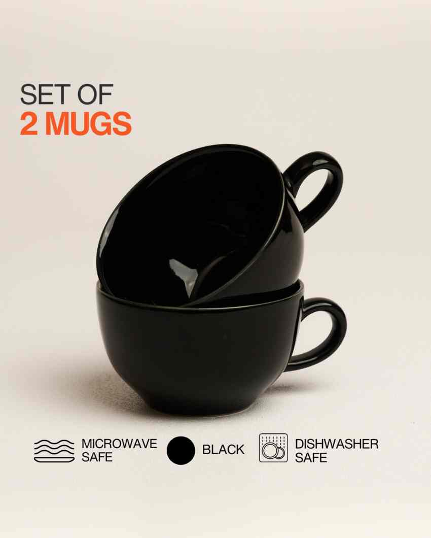 Sleek Black Ceramic Stoneware Coffee Mug | Set of 2 | 380 ML