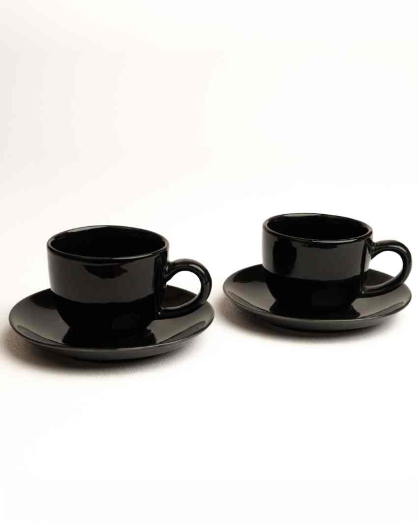 Sleek Black Ceramic Stoneware Tea Cup and Saucer | Set of 2 | 200 ML