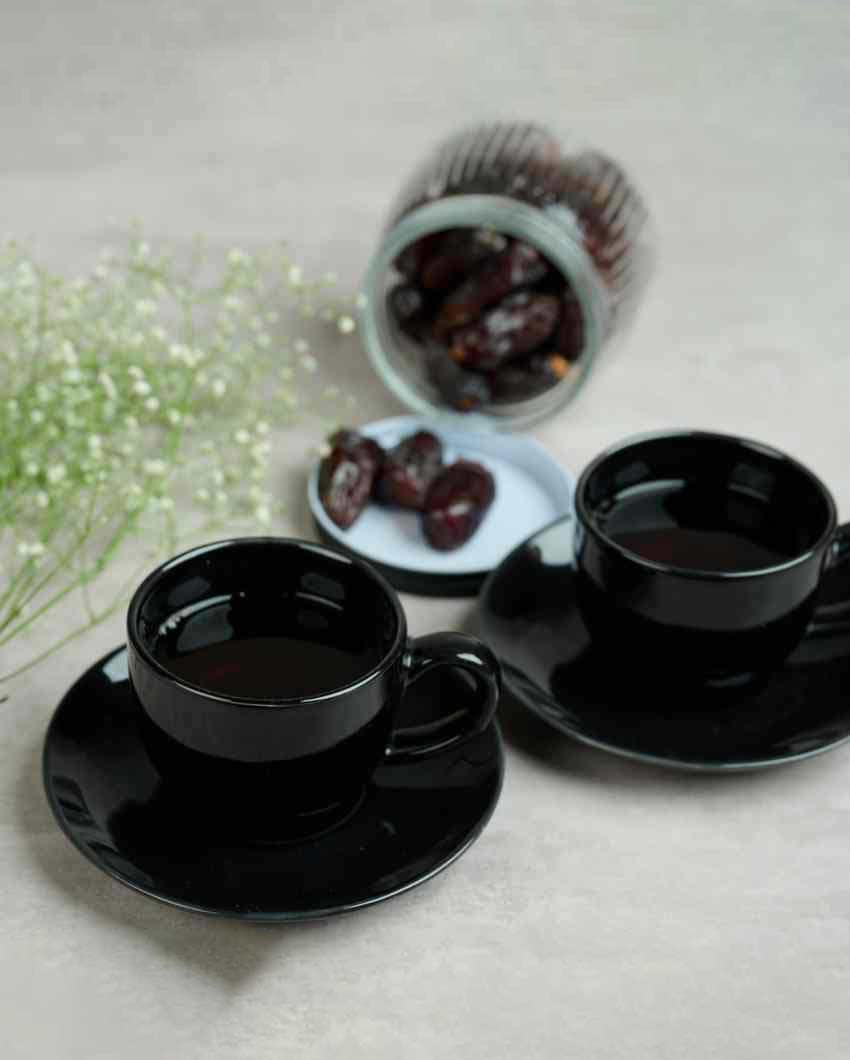 Sleek Black Ceramic Stoneware Tea Cup and Saucer | Set of 2 | 200 ML