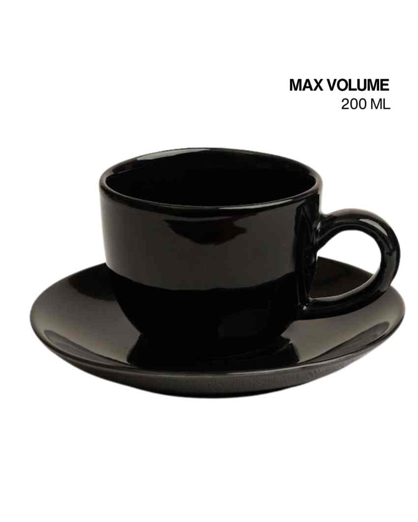 Sleek Black Ceramic Stoneware Tea Cup and Saucer | Set of 2 | 200 ML