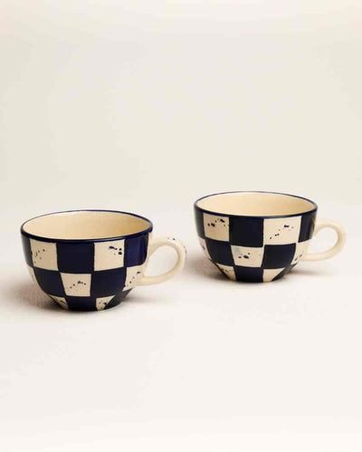 Vibrant Blue Check Ceramic Stoneware Coffee Mug | Set of 2 | 380 ML