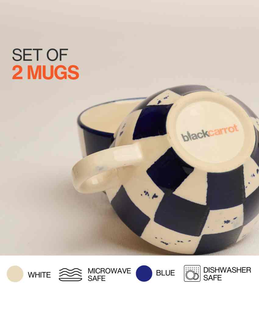 Vibrant Blue Check Ceramic Stoneware Coffee Mug | Set of 2 | 380 ML