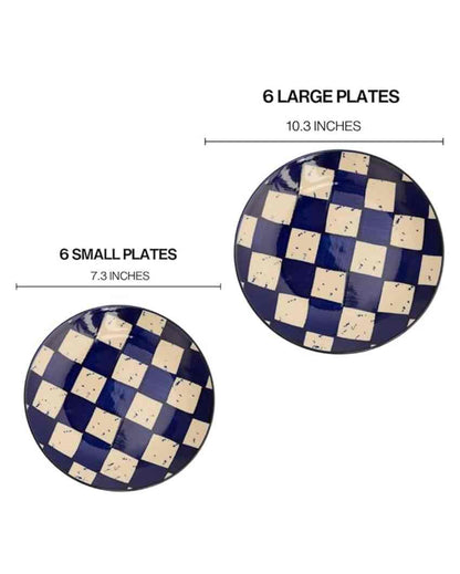 Vibrant Blue Check Ceramic Stoneware Dinner Combo | Set of 21