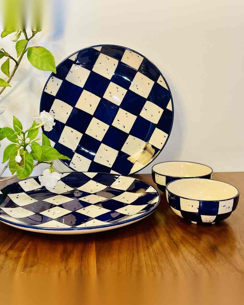 Vibrant Blue Check Ceramic Stoneware Dinner Combo | Set of 21