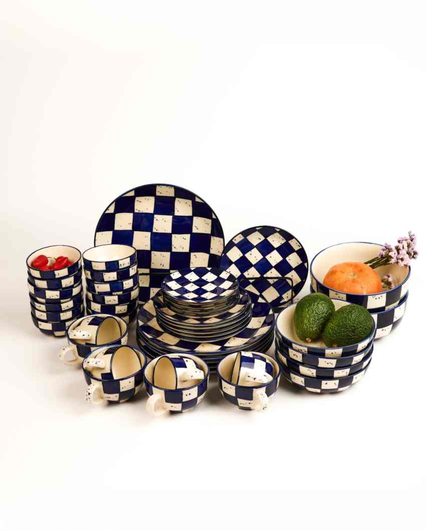 Elegant Blue Check Ceramic Stoneware Dinner Combo | Set of 42